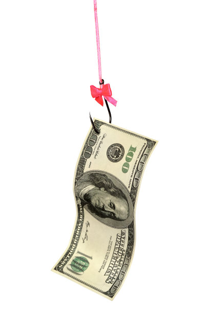 美元纸币挂在鱼钩上，还有漂亮的蝴蝶结图片下载