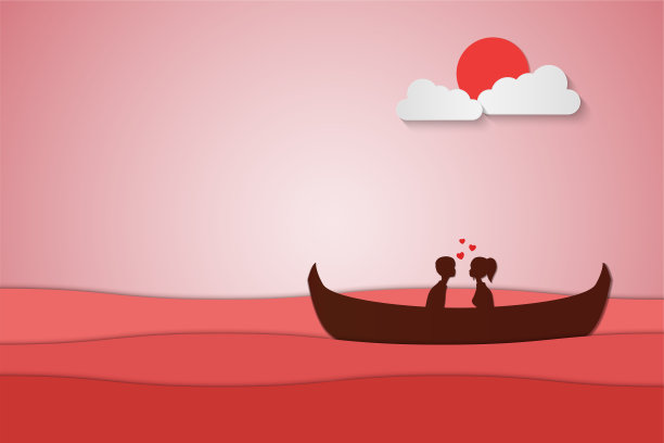 情人坐在一艘船在海上和有一个日落，纸艺术夫妇蜜月，情人节日期，矢量插图素材图片