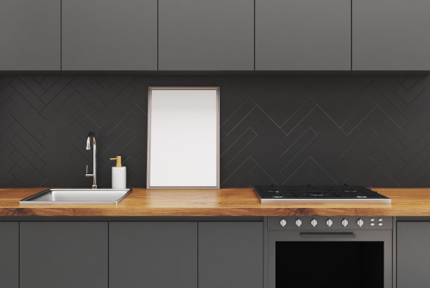 黑色木制厨房，灰色台面，海报图片下载