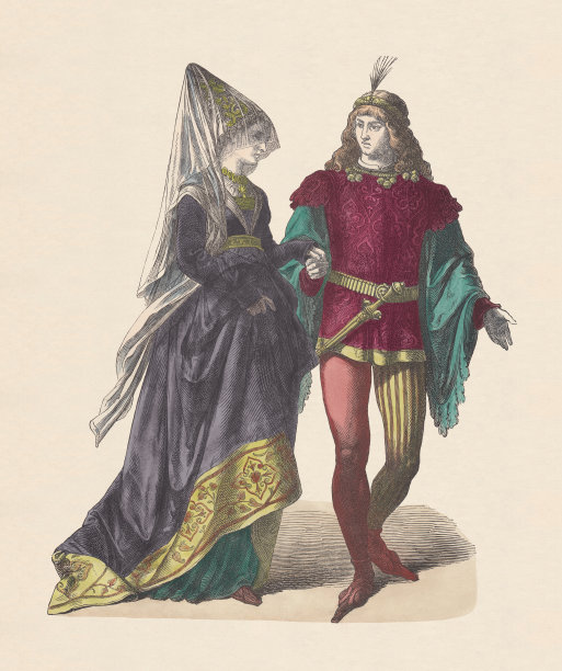 勃艮第宫廷服装，15世纪早期，手工彩色木刻，大约1880年出版图片下载