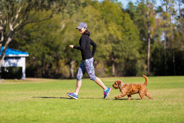 年轻女子和她的宠物在跑步图片下载
