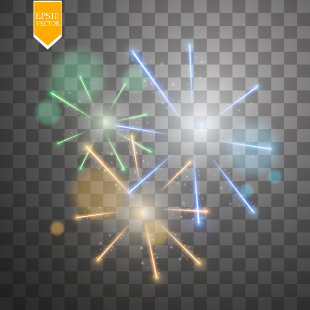 彩色的烟花爆炸在透明的背景。白色，金色和黄色的灯。新年、生日和节日庆祝烟花上黑色。摘要矢量图图片下载