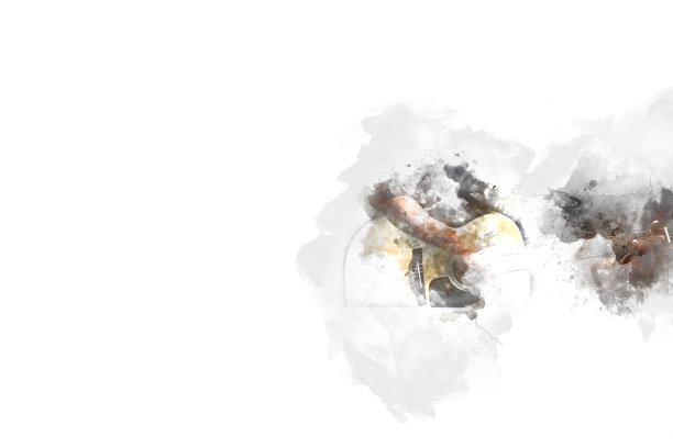 抽象美丽的吉他演奏前景上的水彩画背景和数字插图画笔艺术。图片下载