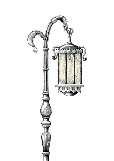 古董灯柱手绘雕刻插图在白色的背景图片下载