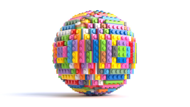 用彩色玩具积木做成的球体。三维渲染素材图片