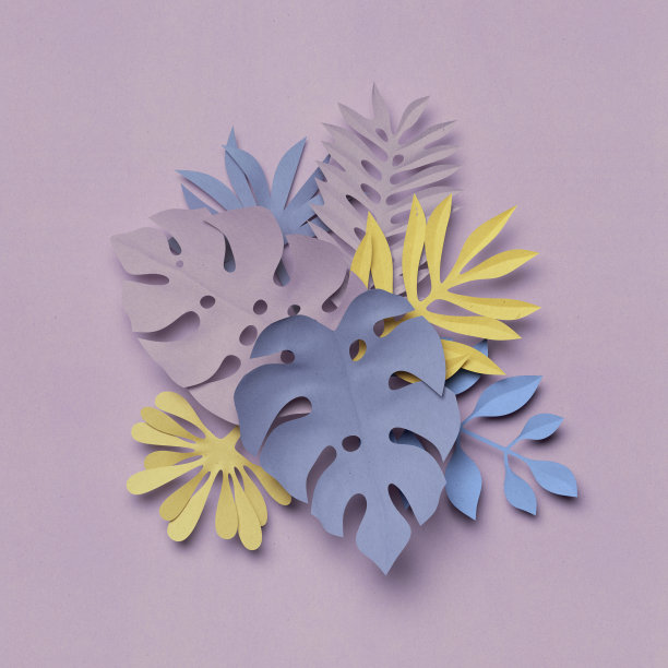 3d渲染，纸丛林树叶，装饰自然背景，纹理，淡紫色和黄色柔和的颜色图片下载