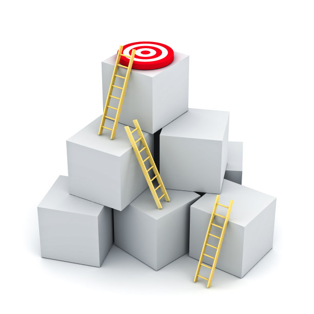 爬梯子到红色的目标目标上的箱子孤立在白色的背景图片下载
