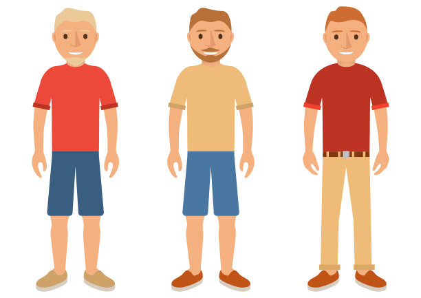 一套年轻人的夏装是短裤、长裤、衬衫和靴子。有胡子的家伙，金发和黑发。图片下载