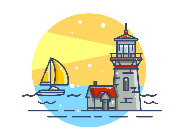 以大海和帆船为背景的灯塔插图图片下载