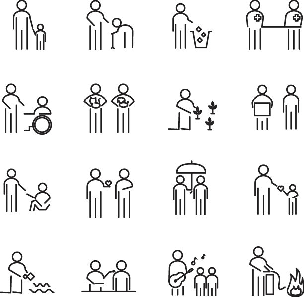 企业社会责任人细线图标集矢量。CSR公益项目，以帮助世界人民为理念。符号和符号主题。白色的孤立的背景。说明向量。图片下载