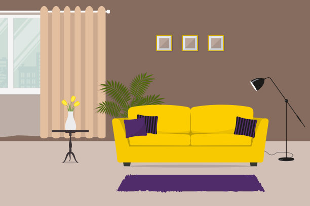 有黄色沙发和紫色枕头的客厅图片下载