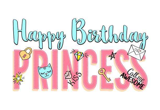 生日快乐公主与女孩的涂鸦字母和手绘短语的卡片设计，女孩的t恤印花，海报。图片下载