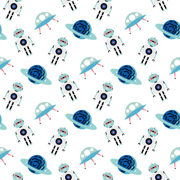 无缝空间格局背景。矢量插图星系背景与机器人，飞船图片下载