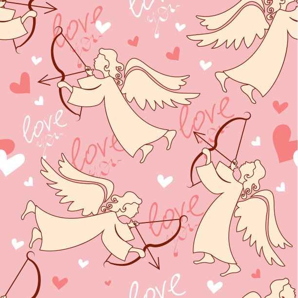 情人节快乐。无缝图案天使丘比特与箭头在粉红色的背景。矢量设计。图片下载
