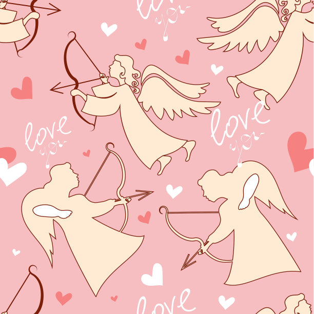 情人节快乐。无缝图案天使丘比特与箭头在粉红色的背景。矢量设计。图片下载