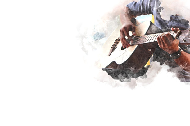 抽象美丽的吉他演奏前景上的水彩画背景和数字插图画笔艺术。图片下载