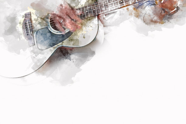 抽象美丽的吉他演奏前景上的水彩画背景和数字插图画笔艺术。图片下载