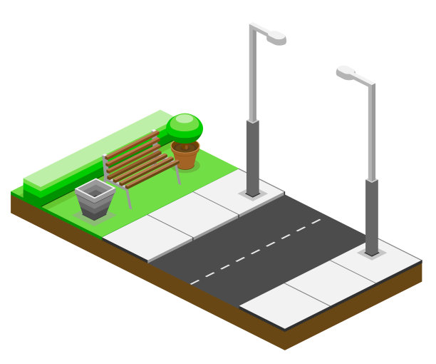 等距，道路，灯，灌木丛，垃圾桶，花盆图片下载