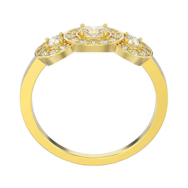 3D插图孤立的黄金三石单人订婚戒指图片下载