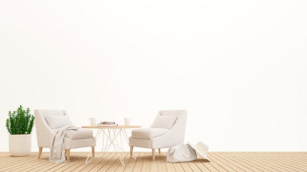 白色背景的酒店或公寓的起居区或用餐区- Inetrior设计的艺术品- 3D渲染图片下载