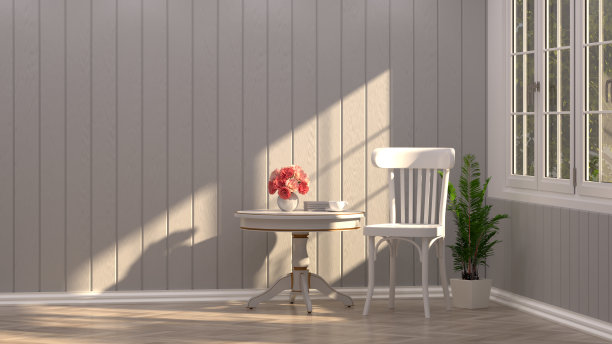 白色的椅子和花在一个灰色的房间复古风格的空客厅3D渲染为室内设计美丽的房子家具设置图片为复制空间图片下载