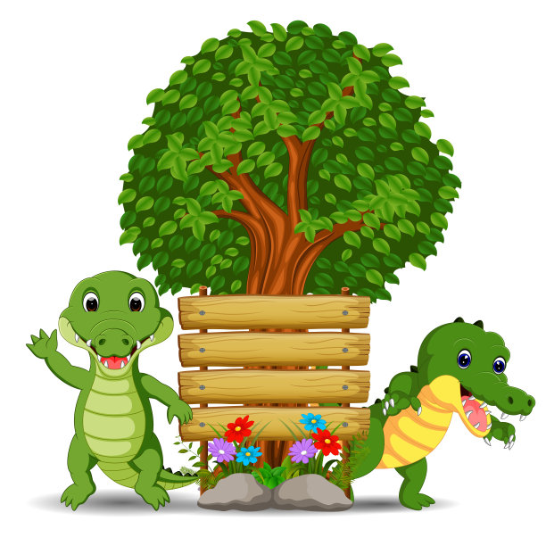 木制标志模板与两条鳄鱼图片下载