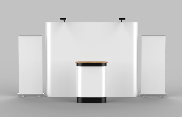 展览张力织物展示横幅站背景与LED或卤素灯的展位和柜台。3 d渲染插图。图片下载