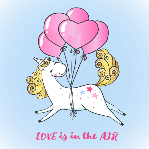 气球上有可爱的魔法独角兽的贺卡图片下载