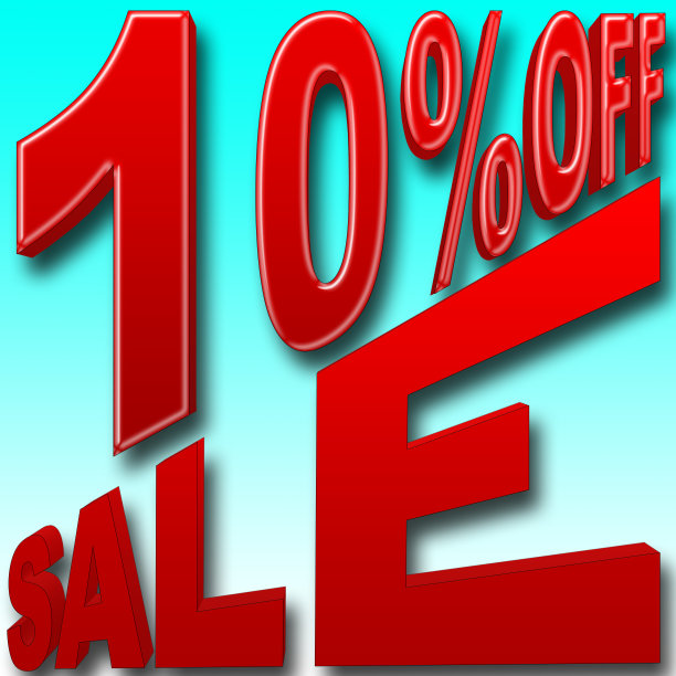 股票插图-红色10%优惠，红色销售，蓝色渐变背景，3D插图。图片下载