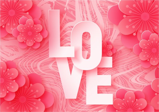 3d抽象剪纸插图的情书和纸艺术粉红色的花在大理石的背景。图片下载