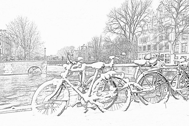 荷兰阿姆斯特丹的雪景铅笔画图片下载