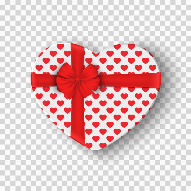 白色的情人节礼物盒。带有红色图案和丝带蝴蝶结的心形盒子。孤立在透明背景上。图形元素为您的设计。矢量图图片下载