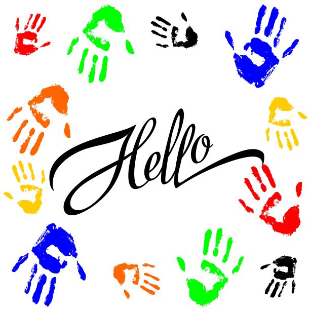 你好。刻字。书法题字。手掌印。框架。丰富多彩。设计印刷。向量。图片下载