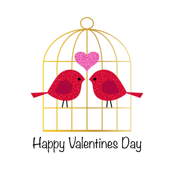 可爱的情人节闪闪发光的鸟与金鸟笼图片下载