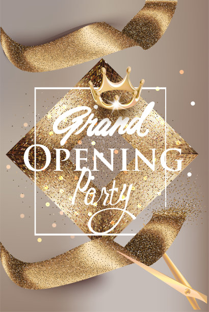 盛大的开幕米色横幅与金色闪闪发光的丝带和复古的框架。矢量图图片下载