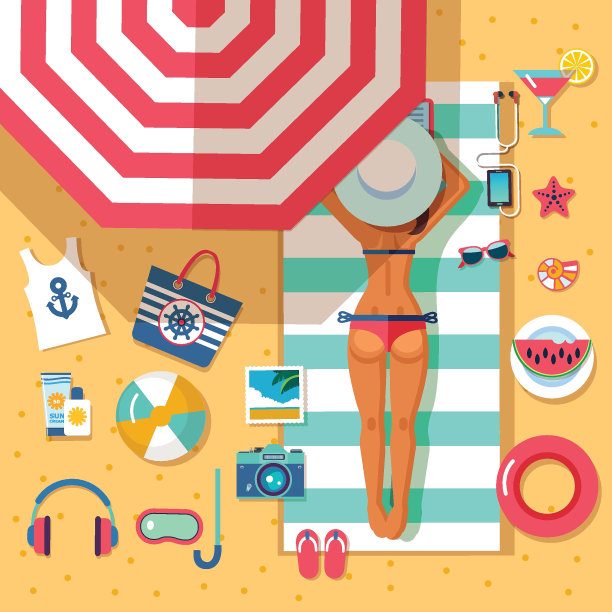 一组平面矢量图标在海滩度假与日光浴的女孩图片下载