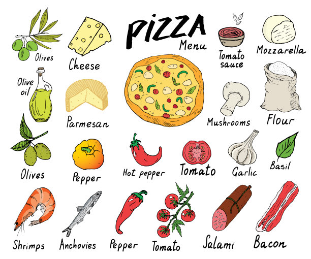 披萨菜单手绘素描集。披萨制作设计模板采用奶酪、橄榄、意大利腊肠、蘑菇、番茄、面粉等配料。矢量插图孤立在白色背景图片下载