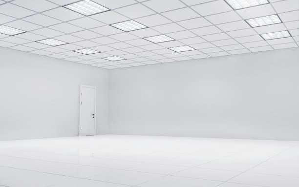 空旷明亮的办公室与方形灯。三维渲染图片下载