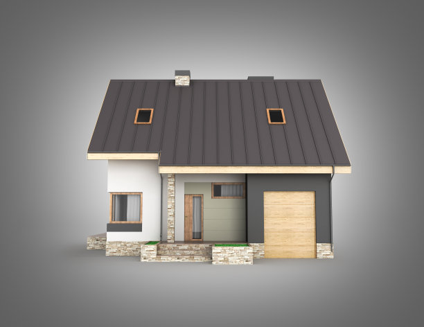 一个现代住宅的插图，车库侧视图孤立在灰色渐变背景3d渲染图片下载