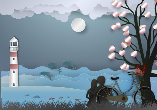 情人节的背景是相爱的男女有自行车和一棵由心和海豚组成的树。纸艺术风格。矢量图图片下载