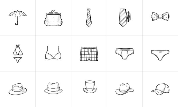 服装和配件素描图标集图片下载