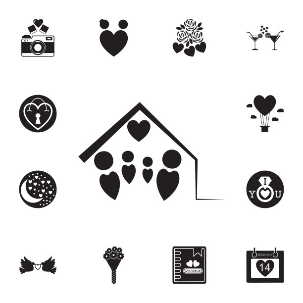 爱的家庭在房子的图标。设置的情人节元素图标。照片相机质量平面设计收集图标网站，网页设计，移动应用程序图片下载