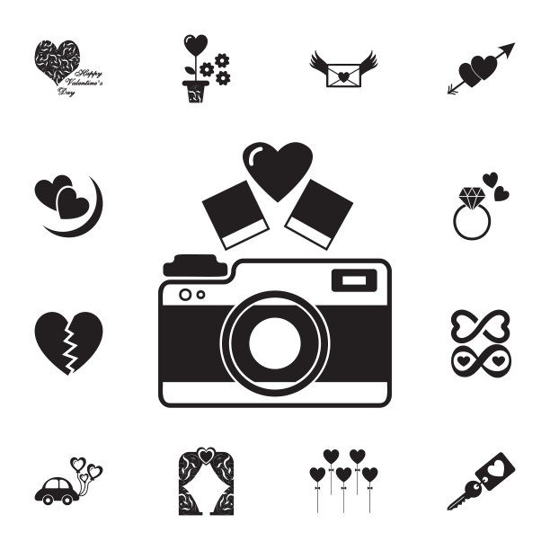 带有心形图标的相机。设置的情人节元素图标。照片相机质量平面设计收集图标网站，网页设计，移动应用程序图片下载