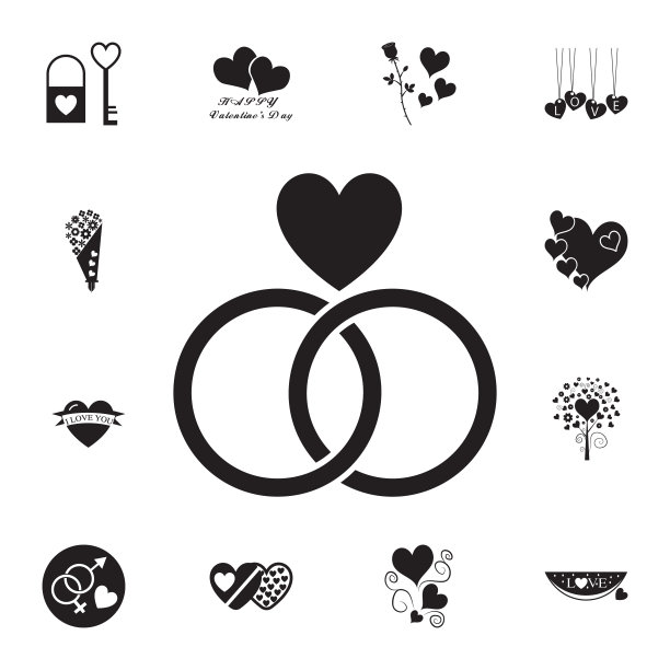心形的结婚戒指。设置的情人节元素图标。照片相机质量平面设计收集图标网站，网页设计，移动应用程序图片下载