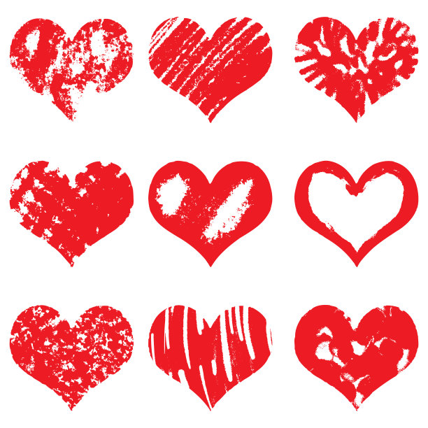 手绘心形，红色的图标为情人节和婚礼。彩绘收藏的垃圾矢量心形婚礼。由粉笔和水彩制成的。素材图片