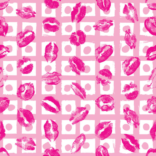 红、粉、黑嘴唇无缝模式上弹出垃圾刷背景。女孩的嘴唇印上污渍。向量。图片下载