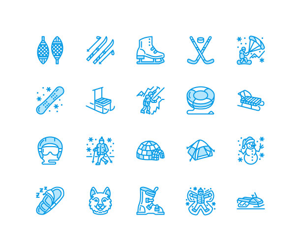 冬季运动矢量平面线图标。户外活动设备滑雪板、曲棍球、雪橇、溜冰鞋、雪管、冰上风筝。线性象形图与可编辑的笔触滑雪胜地。像素完美64 x64图片下载