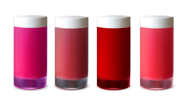空白红色塑料包装的胭脂，乳液，口红和霜图片下载