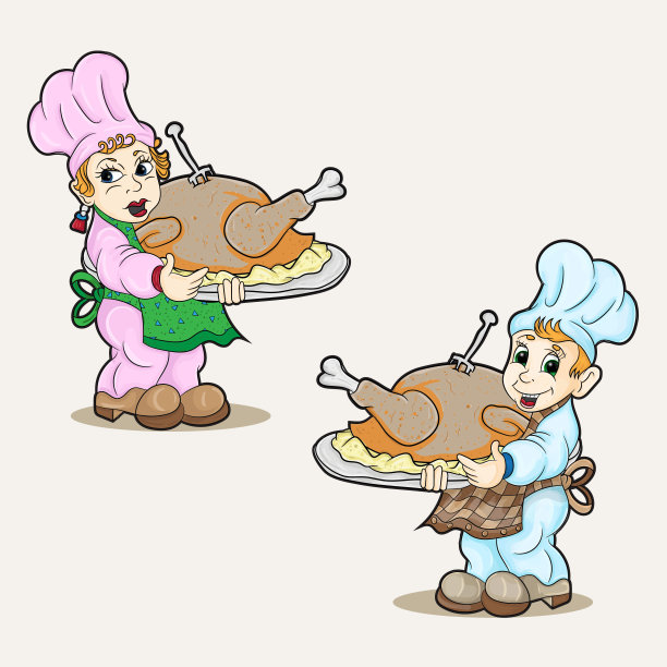 男孩和女孩装扮成厨师，拿着一只大火鸡图片下载