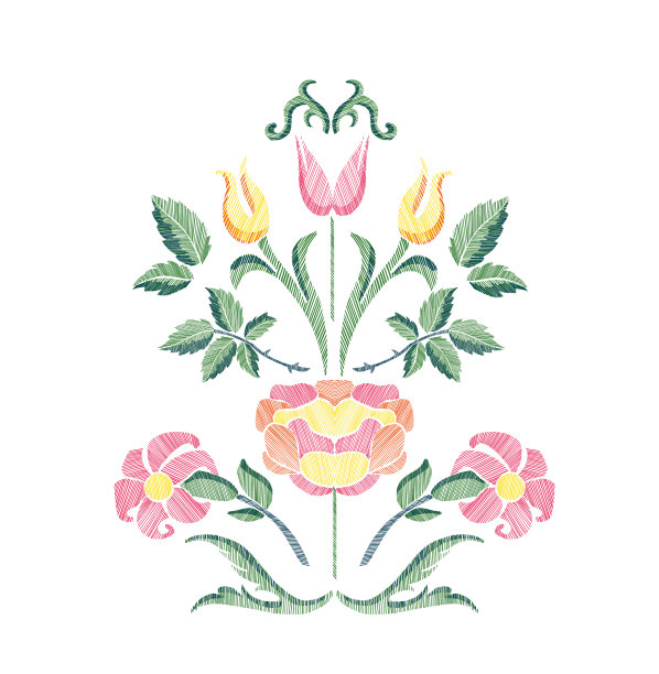 花的图案，有幻想的花和叶孤立。矢量插图在复古风格手绘。刺绣设计元素。图片下载